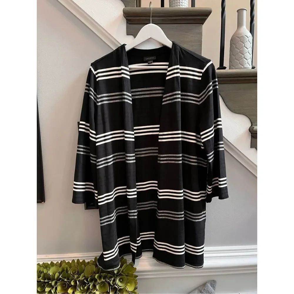 J. Jill Wearever Black & White Stripe Open Front Cardigan sz PL